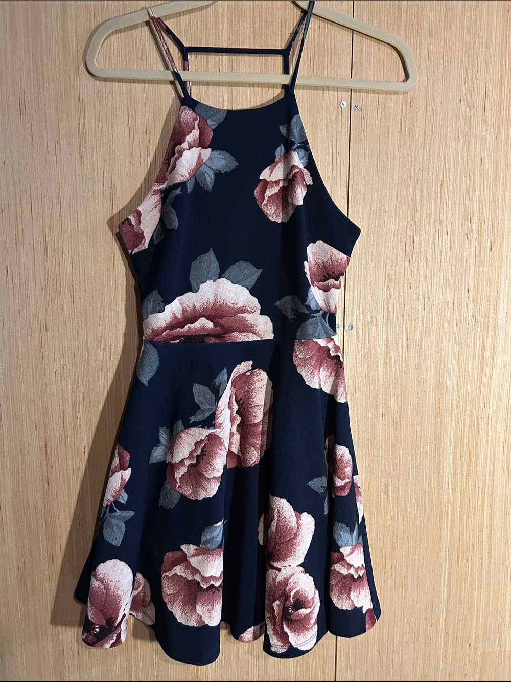 Altar'd State Navy Floral Midi Dress with Blush Roses